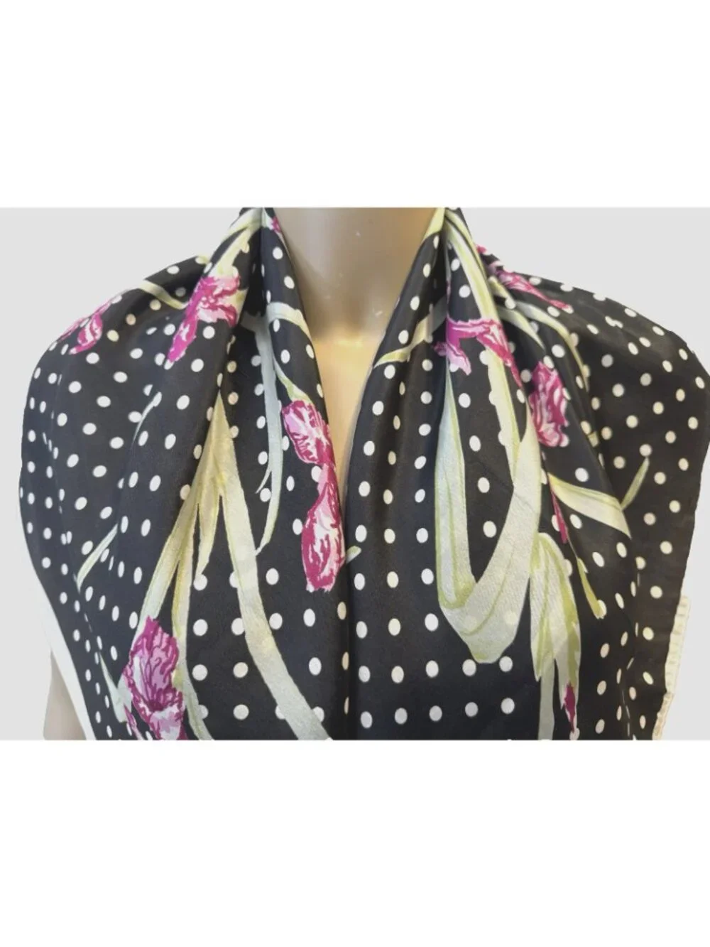 Vintage SILK Scarf, Black & White Polka Dots with Pink Florals 28.5